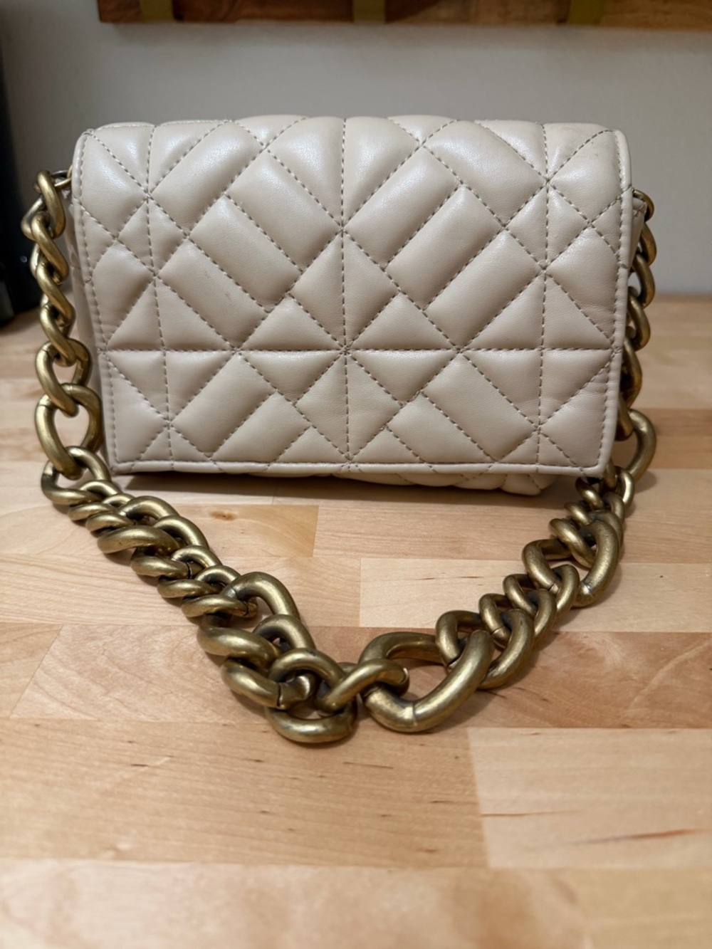 Zara Quilted Taupe Shoulder Bag with Brass Chunky Chain Strap